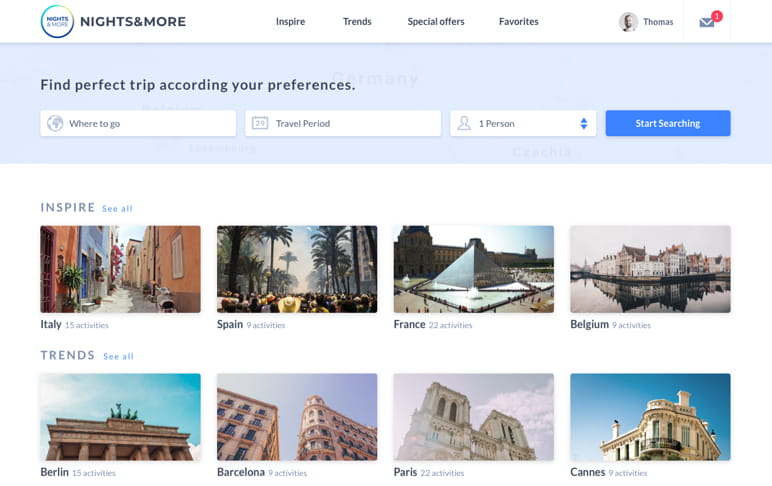 Nights&More landing page design screen with travel inspirations and destination search